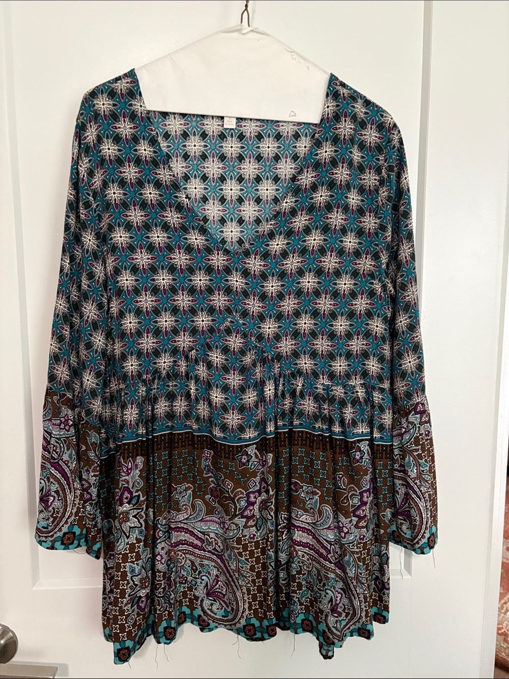 Suzanne Betro Teal, Brown & Purple Printed Long Sleeve Tunic Dress